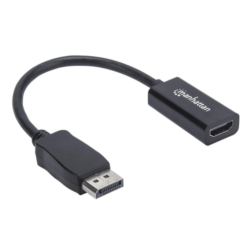 Manhattan DisplayPort 1.1 naar HDMI adapterkabel, 1080p@60Hz, 15 cm, mannelijk naar vrouwelijk, actieve signaalomzetting, met vergrendeling, niet bi-directioneel, zwart, 3 jaar garantie, equivalent aan DP2HDMI
