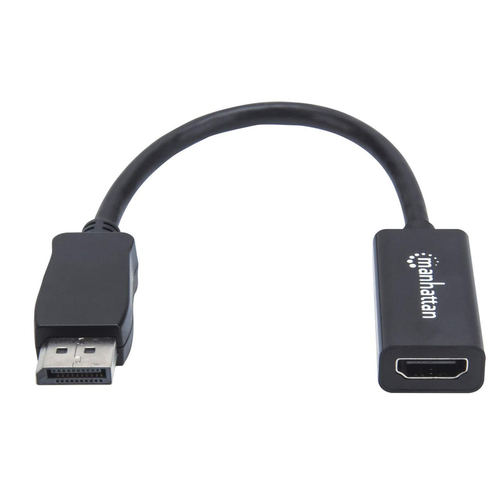 Manhattan DisplayPort 1.1 naar HDMI adapterkabel, 1080p@60Hz, 15 cm, mannelijk naar vrouwelijk, actieve signaalomzetting, met vergrendeling, niet bi-directioneel, zwart, 3 jaar garantie, equivalent aan DP2HDMI