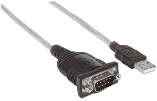 Manhattan USB-A naar seriële converterkabel, 45 cm, mannelijk naar mannelijk, RS232/COM/DB9, FTDI FT232RL-chip, Windows 11 compatibel (en oudere OS), zwart/zilver, 3 jaar garantie, equivalent aan ICUSB2321F