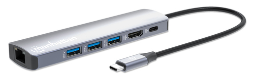 Manhattan USB-C dock/hub, poorten (6): Ethernet, HDMI, USB-A (3×) en USB-C, met Power Delivery (PD) 100 W - vereist een externe USB-C-lader (niet inbegrepen). USB-gevoed (geen externe voeding vereist) wanneer PD niet wordt gebruikt