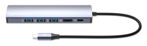 Manhattan USB-C dock/hub, poorten (6): Ethernet, HDMI, USB-A (3×) en USB-C, met Power Delivery (PD) 100 W - vereist een externe USB-C-lader (niet inbegrepen). USB-gevoed (geen externe voeding vereist) wanneer PD niet wordt gebruikt