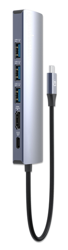 Manhattan USB-C dock/hub, poorten (6): Ethernet, HDMI, USB-A (3×) en USB-C, met Power Delivery (PD) 100 W - vereist een externe USB-C-lader (niet inbegrepen). USB-gevoed (geen externe voeding vereist) wanneer PD niet wordt gebruikt