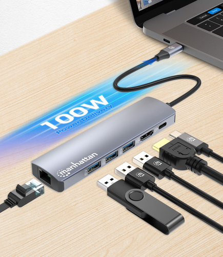 Manhattan USB-C dock/hub, poorten (6): Ethernet, HDMI, USB-A (3×) en USB-C, met Power Delivery (PD) 100 W - vereist een externe USB-C-lader (niet inbegrepen). USB-gevoed (geen externe voeding vereist) wanneer PD niet wordt gebruikt