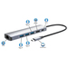 Manhattan USB-C dock/hub, poorten (6): Ethernet, HDMI, USB-A (3×) en USB-C, met Power Delivery (PD) 100 W - vereist een externe USB-C-lader (niet inbegrepen). USB-gevoed (geen externe voeding vereist) wanneer PD niet wordt gebruikt