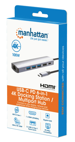 Manhattan USB-C dock/hub, poorten (6): Ethernet, HDMI, USB-A (3×) en USB-C, met Power Delivery (PD) 100 W - vereist een externe USB-C-lader (niet inbegrepen). USB-gevoed (geen externe voeding vereist) wanneer PD niet wordt gebruikt