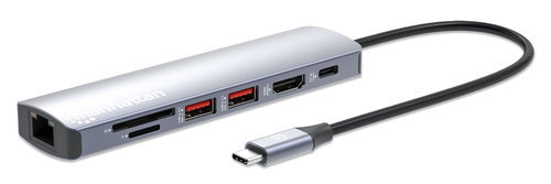 Manhattan USB-C dock/hub met kaartlezer, poorten (5): Ethernet, HDMI, USB-A (2×) en USB-C, met Power Delivery (PD) 100 W - vereist een externe USB-C-lader (niet inbegrepen). USB-gevoed (geen externe voeding vereist) wanneer PD niet wordt gebruikt