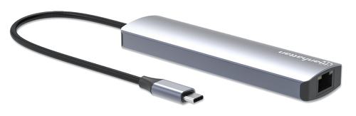 Manhattan USB-C dock/hub met kaartlezer, poorten (5): Ethernet, HDMI, USB-A (2×) en USB-C, met Power Delivery (PD) 100 W - vereist een externe USB-C-lader (niet inbegrepen). USB-gevoed (geen externe voeding vereist) wanneer PD niet wordt gebruikt