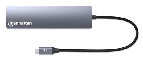 Manhattan USB-C dock/hub met kaartlezer, poorten (5): Ethernet, HDMI, USB-A (2×) en USB-C, met Power Delivery (PD) 100 W - vereist een externe USB-C-lader (niet inbegrepen). USB-gevoed (geen externe voeding vereist) wanneer PD niet wordt gebruikt