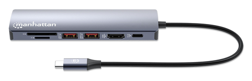 Manhattan USB-C dock/hub met kaartlezer, poorten (5): Ethernet, HDMI, USB-A (2×) en USB-C, met Power Delivery (PD) 100 W - vereist een externe USB-C-lader (niet inbegrepen). USB-gevoed (geen externe voeding vereist) wanneer PD niet wordt gebruikt