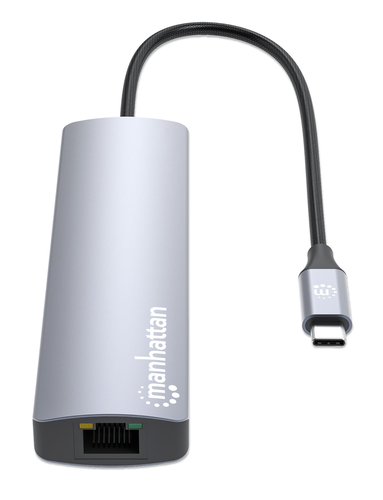Manhattan USB-C dock/hub met kaartlezer, poorten (5): Ethernet, HDMI, USB-A (2×) en USB-C, met Power Delivery (PD) 100 W - vereist een externe USB-C-lader (niet inbegrepen). USB-gevoed (geen externe voeding vereist) wanneer PD niet wordt gebruikt