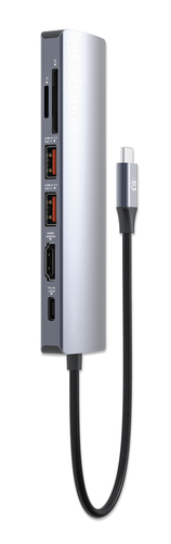 Manhattan USB-C dock/hub met kaartlezer, poorten (5): Ethernet, HDMI, USB-A (2×) en USB-C, met Power Delivery (PD) 100 W - vereist een externe USB-C-lader (niet inbegrepen). USB-gevoed (geen externe voeding vereist) wanneer PD niet wordt gebruikt