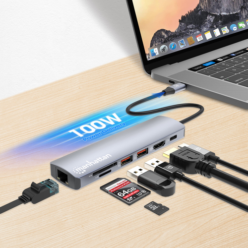 Manhattan USB-C dock/hub met kaartlezer, poorten (5): Ethernet, HDMI, USB-A (2×) en USB-C, met Power Delivery (PD) 100 W - vereist een externe USB-C-lader (niet inbegrepen). USB-gevoed (geen externe voeding vereist) wanneer PD niet wordt gebruikt
