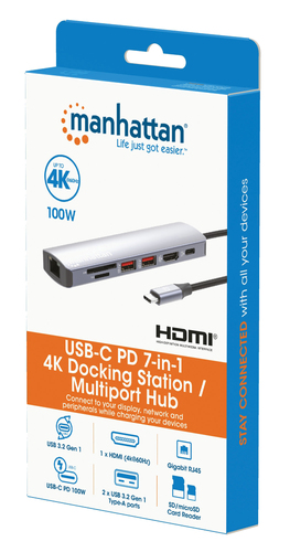 Manhattan USB-C dock/hub met kaartlezer, poorten (5): Ethernet, HDMI, USB-A (2×) en USB-C, met Power Delivery (PD) 100 W - vereist een externe USB-C-lader (niet inbegrepen). USB-gevoed (geen externe voeding vereist) wanneer PD niet wordt gebruikt