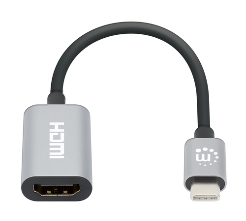 Manhattan USB-C naar HDMI adapterkabel, 4K@60Hz, 11 cm, mannelijk naar mannelijk, zwart/zilver, 3 jaar garantie