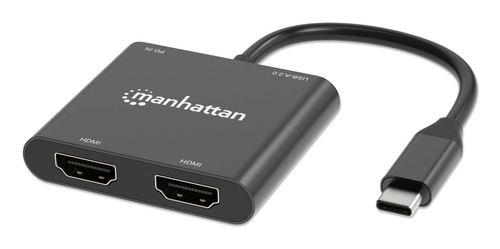 Manhattan USB-C naar dual HDMI & USB-A adapter, Dubbele 4K@30Hz of enkele 4K@60Hz, USB-A 480 Mbps (USB 2.0), Power Delivery 100W doorvoer, kabel 15 cm, zwart, 3 jaar garantie