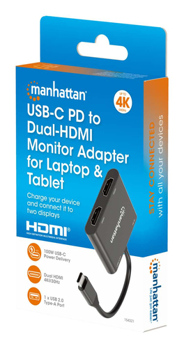 Manhattan USB-C naar dual HDMI & USB-A adapter, Dubbele 4K@30Hz of enkele 4K@60Hz, USB-A 480 Mbps (USB 2.0), Power Delivery 100W doorvoer, kabel 15 cm, zwart, 3 jaar garantie