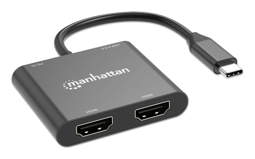 Manhattan USB-C naar dual HDMI & USB-A adapter, Dubbele 4K@30Hz of enkele 4K@60Hz, USB-A 480 Mbps (USB 2.0), Power Delivery 100W doorvoer, kabel 15 cm, zwart, 3 jaar garantie