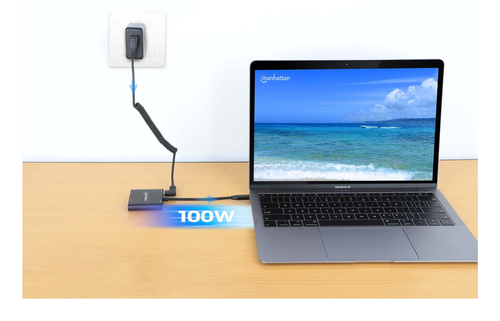 Manhattan USB-C naar dual HDMI & USB-A adapter, Dubbele 4K@30Hz of enkele 4K@60Hz, USB-A 480 Mbps (USB 2.0), Power Delivery 100W doorvoer, kabel 15 cm, zwart, 3 jaar garantie
