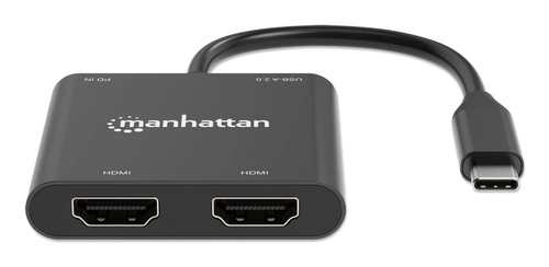 Manhattan USB-C naar dual HDMI & USB-A adapter, Dubbele 4K@30Hz of enkele 4K@60Hz, USB-A 480 Mbps (USB 2.0), Power Delivery 100W doorvoer, kabel 15 cm, zwart, 3 jaar garantie