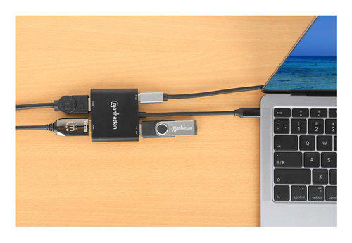 Manhattan USB-C naar dual HDMI & USB-A adapter, Dubbele 4K@30Hz of enkele 4K@60Hz, USB-A 480 Mbps (USB 2.0), Power Delivery 100W doorvoer, kabel 15 cm, zwart, 3 jaar garantie