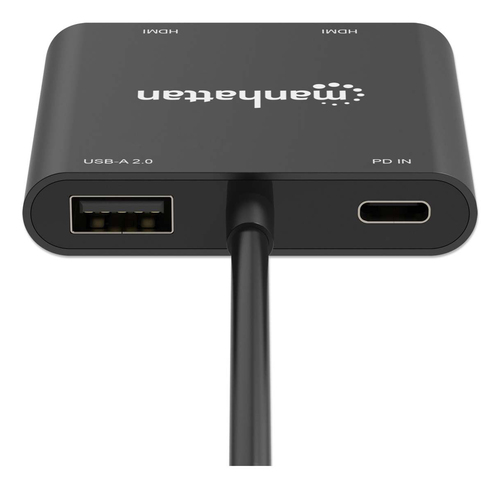 Manhattan USB-C naar dual HDMI & USB-A adapter, Dubbele 4K@30Hz of enkele 4K@60Hz, USB-A 480 Mbps (USB 2.0), Power Delivery 100W doorvoer, kabel 15 cm, zwart, 3 jaar garantie