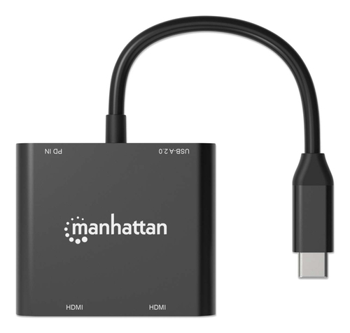 Manhattan USB-C naar dual HDMI & USB-A adapter, Dubbele 4K@30Hz of enkele 4K@60Hz, USB-A 480 Mbps (USB 2.0), Power Delivery 100W doorvoer, kabel 15 cm, zwart, 3 jaar garantie