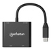 Manhattan USB-C naar dual HDMI & USB-A adapter, Dubbele 4K@30Hz of enkele 4K@60Hz, USB-A 480 Mbps (USB 2.0), Power Delivery 100W doorvoer, kabel 15 cm, zwart, 3 jaar garantie
