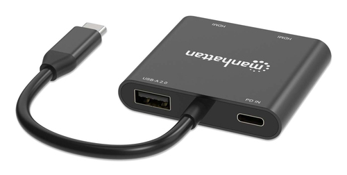 Manhattan USB-C naar dual HDMI & USB-A adapter, Dubbele 4K@30Hz of enkele 4K@60Hz, USB-A 480 Mbps (USB 2.0), Power Delivery 100W doorvoer, kabel 15 cm, zwart, 3 jaar garantie