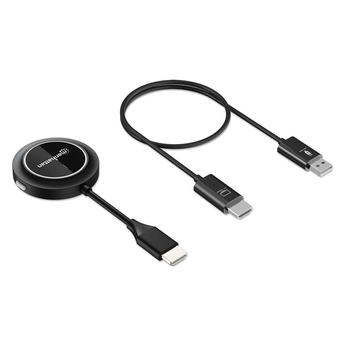 Manhattan Draadloze HDMI-presentatieset 1080p, 2-delige set met HDMI-ontvanger en HDMI-zender (dongle), voor draadloze videoweergave vanaf laptop, tablet of smartphone naar tv of HDMI-projector, zwart