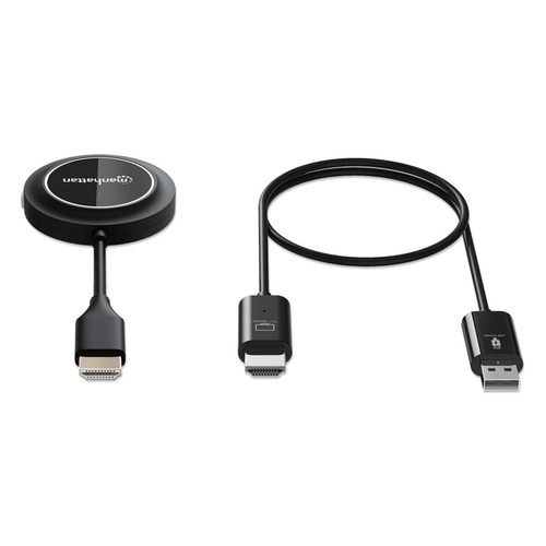 Manhattan Draadloze HDMI-presentatieset 1080p, 2-delige set met HDMI-ontvanger en HDMI-zender (dongle), voor draadloze videoweergave vanaf laptop, tablet of smartphone naar tv of HDMI-projector, zwart