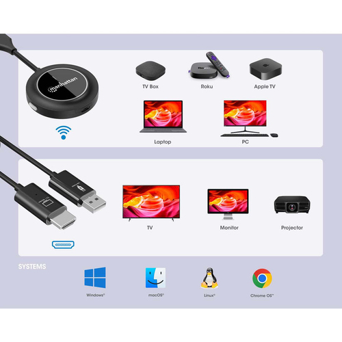 Manhattan Draadloze HDMI-presentatieset 1080p, 2-delige set met HDMI-ontvanger en HDMI-zender (dongle), voor draadloze videoweergave vanaf laptop, tablet of smartphone naar tv of HDMI-projector, zwart