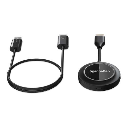 Manhattan Draadloze HDMI-presentatieset 1080p, 2-delige set met HDMI-ontvanger en HDMI-zender (dongle), voor draadloze videoweergave vanaf laptop, tablet of smartphone naar tv of HDMI-projector, zwart