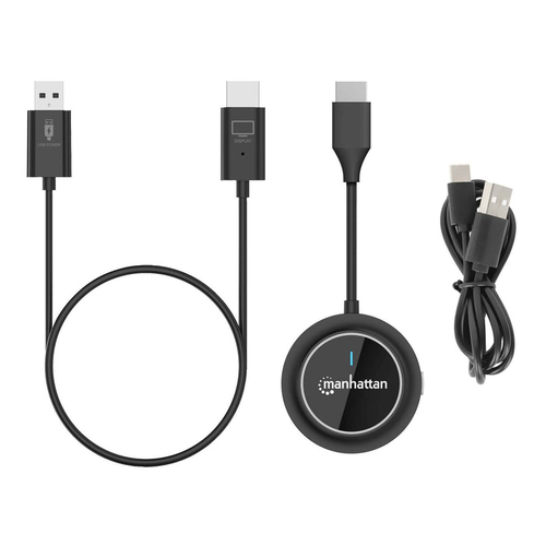 Manhattan Draadloze HDMI-presentatieset 1080p, 2-delige set met HDMI-ontvanger en HDMI-zender (dongle), voor draadloze videoweergave vanaf laptop, tablet of smartphone naar tv of HDMI-projector, zwart