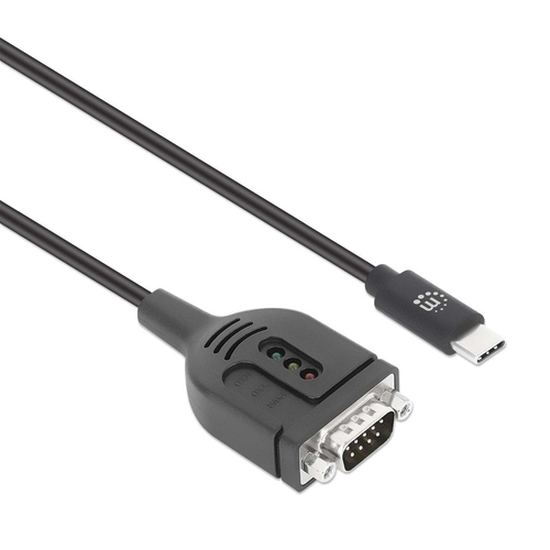 Manhattan USB-C naar seriële converterkabel, 1 m, mannelijk naar mannelijk, RS232/COM/DB9, Prolific PL2303GT-chip, zwart, 3 jaar garantie