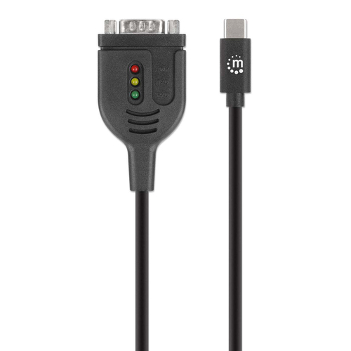 Manhattan USB-C naar seriële converterkabel, 1 m, mannelijk naar mannelijk, RS232/COM/DB9, Prolific PL2303GT-chip, zwart, 3 jaar garantie