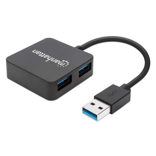 Manhattan USB-A 4-poorts hub, 4× USB-A, 5 Gbps (USB 3.0), USB-gevoed (geen externe voeding vereist). Snel laden: 1 poort tot 0,9 A; voor laden via 4 poorten is een externe voeding vereist (niet inbegrepen), equivalent aan ST4300MINU3B