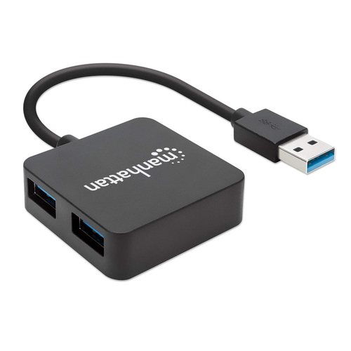 Manhattan USB-A 4-poorts hub, 4× USB-A, 5 Gbps (USB 3.0), USB-gevoed (geen externe voeding vereist). Snel laden: 1 poort tot 0,9 A; voor laden via 4 poorten is een externe voeding vereist (niet inbegrepen), equivalent aan ST4300MINU3B