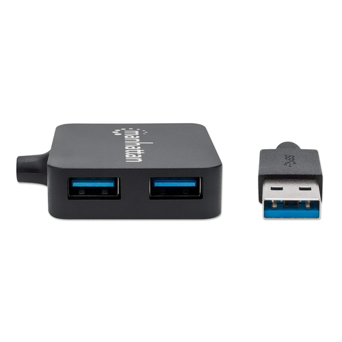Manhattan USB-A 4-poorts hub, 4× USB-A, 5 Gbps (USB 3.0), USB-gevoed (geen externe voeding vereist). Snel laden: 1 poort tot 0,9 A; voor laden via 4 poorten is een externe voeding vereist (niet inbegrepen), equivalent aan ST4300MINU3B