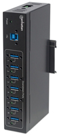 Manhattan USB-A 7-poorts industriële hub, 7× USB-A, 5 Gbps (USB 3.0), 20 kV ESD-bescherming, voeding via AC, bus of klemmenblok, DIN-rail, wandmontage, metalen behuizing, schroefvergrendeling