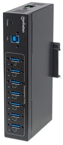 Manhattan USB-A 7-poorts industriële hub, 7× USB-A, 5 Gbps (USB 3.0), 20 kV ESD-bescherming, voeding via AC, bus of klemmenblok, DIN-rail, wandmontage, metalen behuizing, schroefvergrendeling