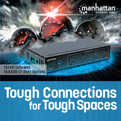 Manhattan USB-A 7-poorts industriële hub, 7× USB-A, 5 Gbps (USB 3.0), 20 kV ESD-bescherming, voeding via AC, bus of klemmenblok, DIN-rail, wandmontage, metalen behuizing, schroefvergrendeling