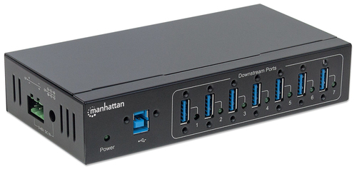 Manhattan USB-A 7-poorts industriële hub, 7× USB-A, 5 Gbps (USB 3.0), 20 kV ESD-bescherming, voeding via AC, bus of klemmenblok, DIN-rail, wandmontage, metalen behuizing, schroefvergrendeling
