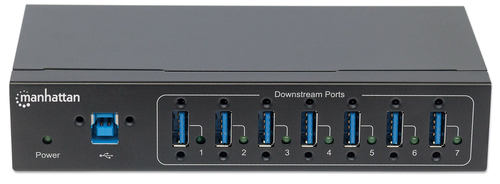 Manhattan USB-A 7-poorts industriële hub, 7× USB-A, 5 Gbps (USB 3.0), 20 kV ESD-bescherming, voeding via AC, bus of klemmenblok, DIN-rail, wandmontage, metalen behuizing, schroefvergrendeling