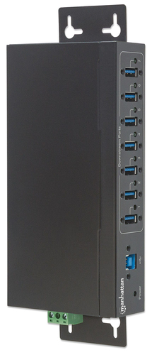 Manhattan USB-A 7-poorts industriële hub, 7× USB-A, 5 Gbps (USB 3.0), 20 kV ESD-bescherming, voeding via AC, bus of klemmenblok, DIN-rail, wandmontage, metalen behuizing, schroefvergrendeling