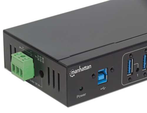 Manhattan USB-A 7-poorts industriële hub, 7× USB-A, 5 Gbps (USB 3.0), 20 kV ESD-bescherming, voeding via AC, bus of klemmenblok, DIN-rail, wandmontage, metalen behuizing, schroefvergrendeling