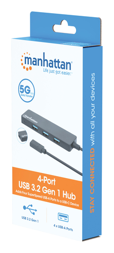 Manhattan USB-C dock/hub, poorten (4): USB-A (4×), 5 Gbps (USB 3.0), USB-gevoed (geen externe voeding vereist), equivalent aan HB30CM4AB