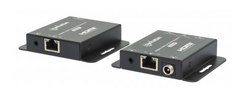 Manhattan HDMI-extenderkit 4K via Ethernet, verlengt 4K@30 Hz tot 40 m of 1080p@60 Hz tot 70 m via Cat6-kabel, zender en ontvanger, voeding via kabel (PoC), zwart, 3 jaar garantie