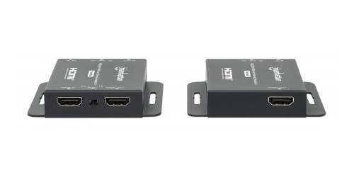 Manhattan HDMI-extenderkit 4K via Ethernet, verlengt 4K@30 Hz tot 40 m of 1080p@60 Hz tot 70 m via Cat6-kabel, zender en ontvanger, voeding via kabel (PoC), zwart, 3 jaar garantie