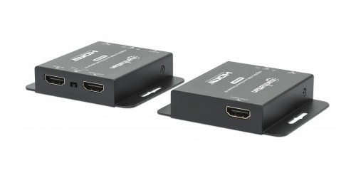 Manhattan HDMI-extenderkit 4K via Ethernet, verlengt 4K@30 Hz tot 40 m of 1080p@60 Hz tot 70 m via Cat6-kabel, zender en ontvanger, voeding via kabel (PoC), zwart, 3 jaar garantie