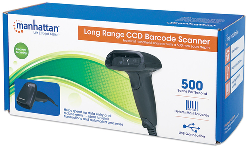 Manhattan CCD handheld barcodescanner met groot bereik, USB, scanafstand 500 mm, kabel 1,5 m, max. omgevingslicht 10.000 lux (zonlicht), zwart, 3 jaar garantie